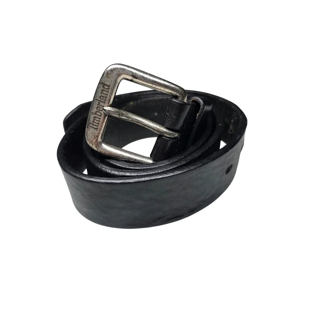 Timberland Mens Black Genuine Leather Belt Silver Logo Buckle Size 36 1393-001